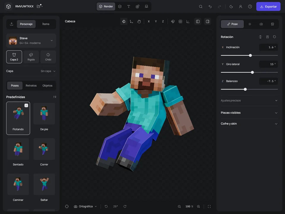 The Render Studio editor with a character selected and the properties panel open